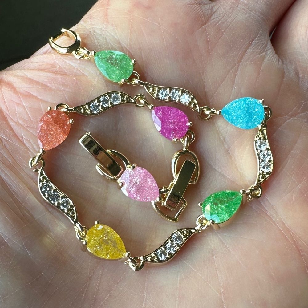NEW Yellow Gold Pear Shaped Multicolor Galaxy Candy Stones 6.5” or 7.5” Bracelet - Picture 2 of 16